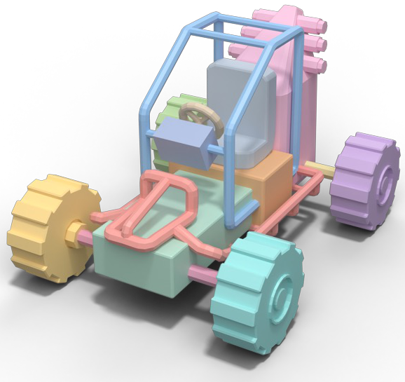 The same kart partitioned into colored semantic parts